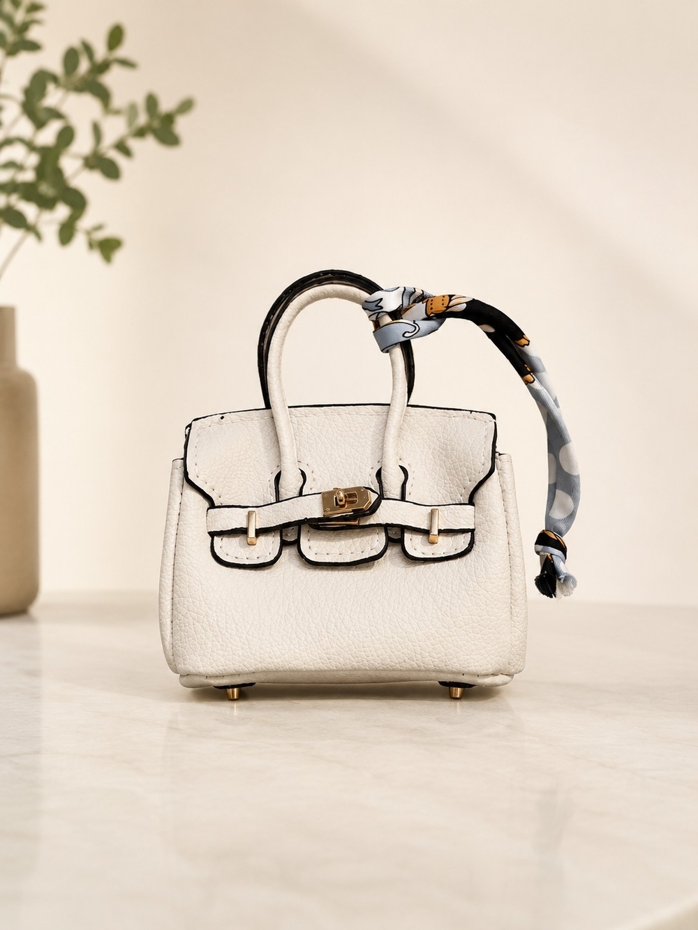 Mini Handbag Women's White Textured Top-Handle Bag with Scarf Accent Charm